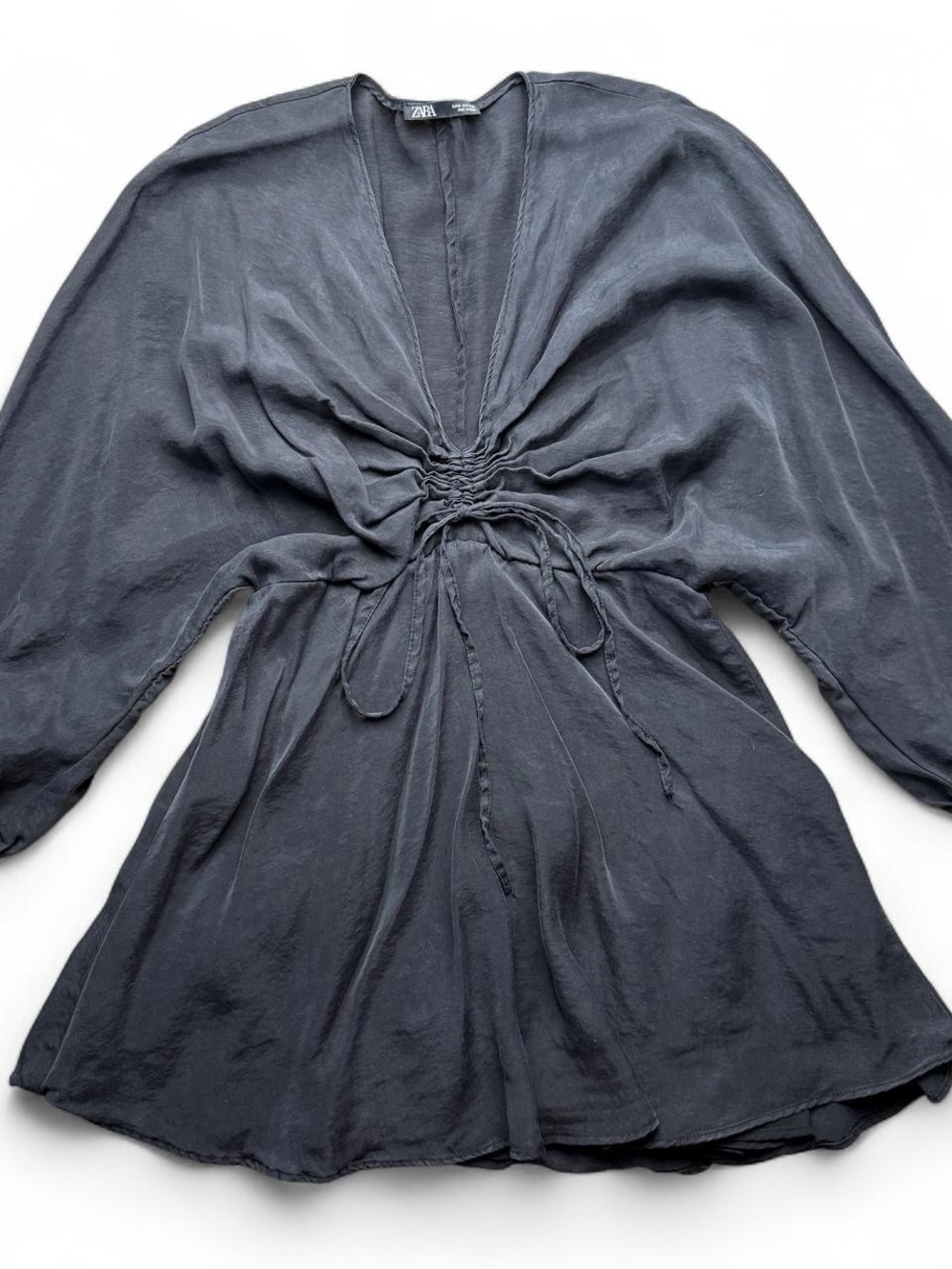 Zara Black Batwing Ruched Tie Front Tunic Blouse M